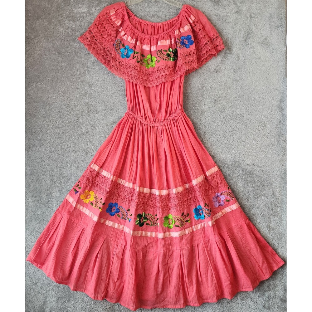 Womens Dress S/M Coral Pink Floral Embroidered Lace Trim Midi Off Shoulder